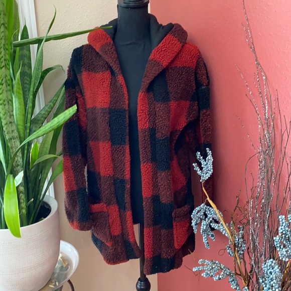 Pink Rose Jackets & Blazers - Pink Rose - Open Plaid Quilted Sherpa Jacket